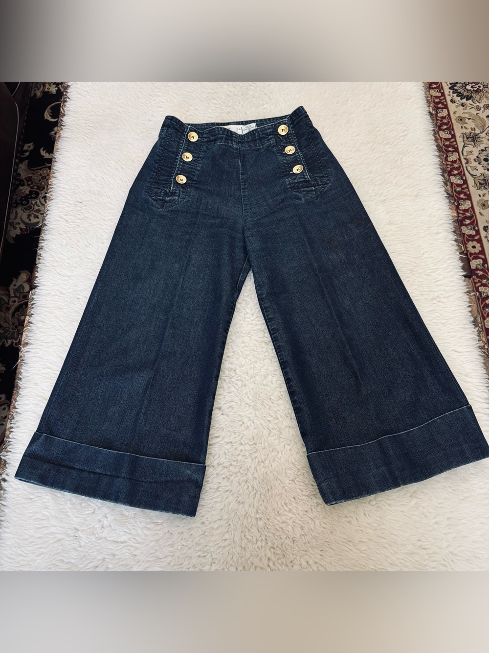 Habitual Dark Wash High Rise fit & Flare Gold buttons Accent Cropped Jeans sz 27